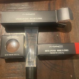 Mac eye shadow, clear lip gloss and chili red matte lipstick!
